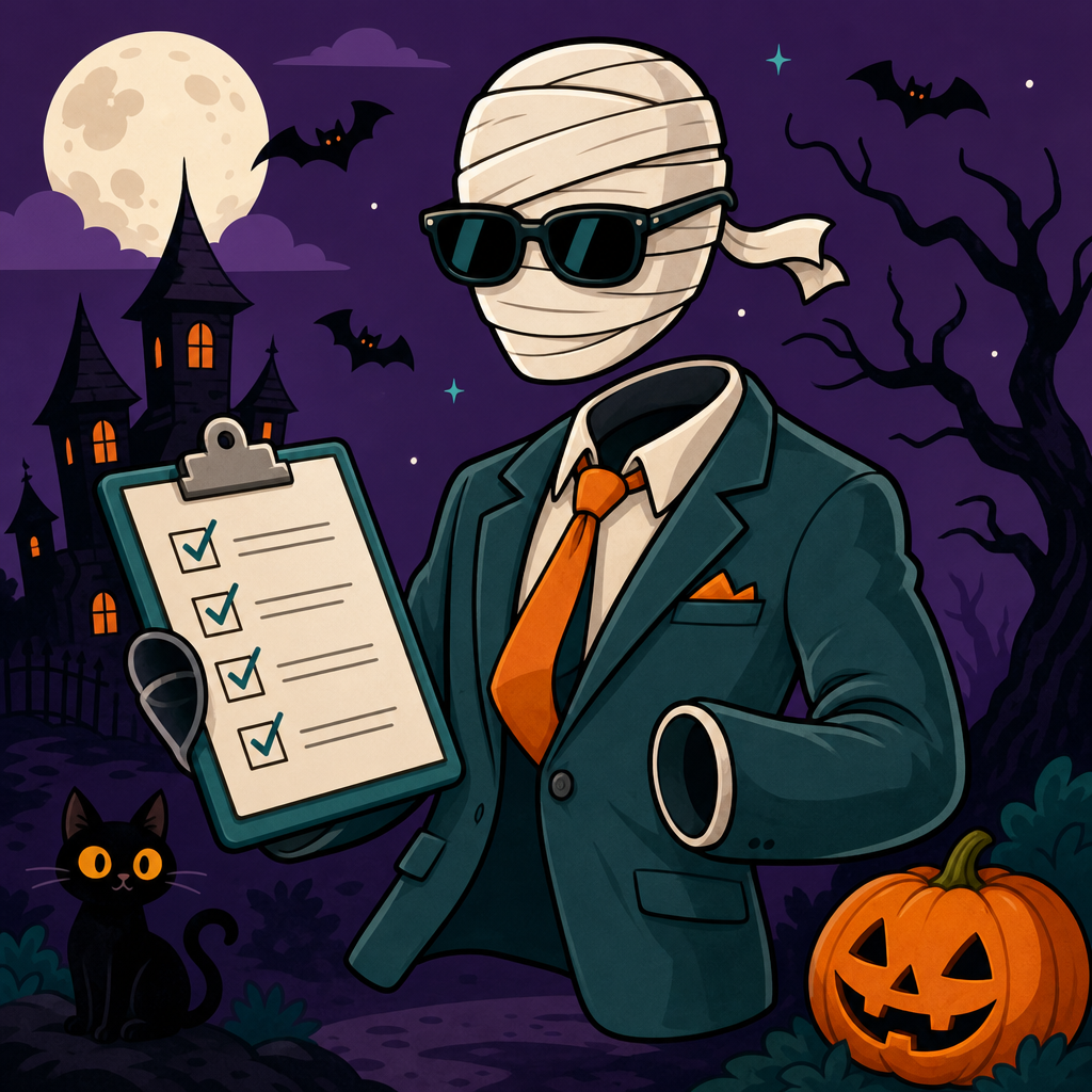 O Executor Invisível — homem invisível de terno e óculos escuros segurando um clipboard